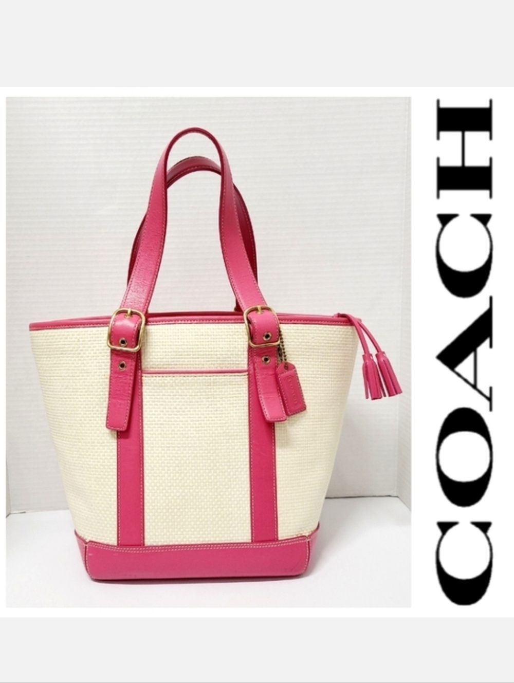 Coach VINTAGE 02' Natural Straw & Hot Pink Leather Tote Bag No. 8908